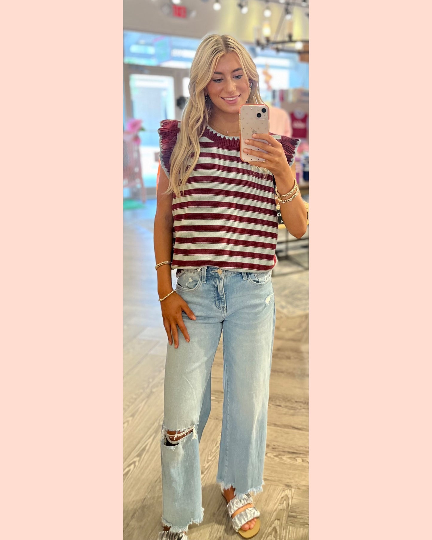 Striped Flutter Sleeve Sweater Top