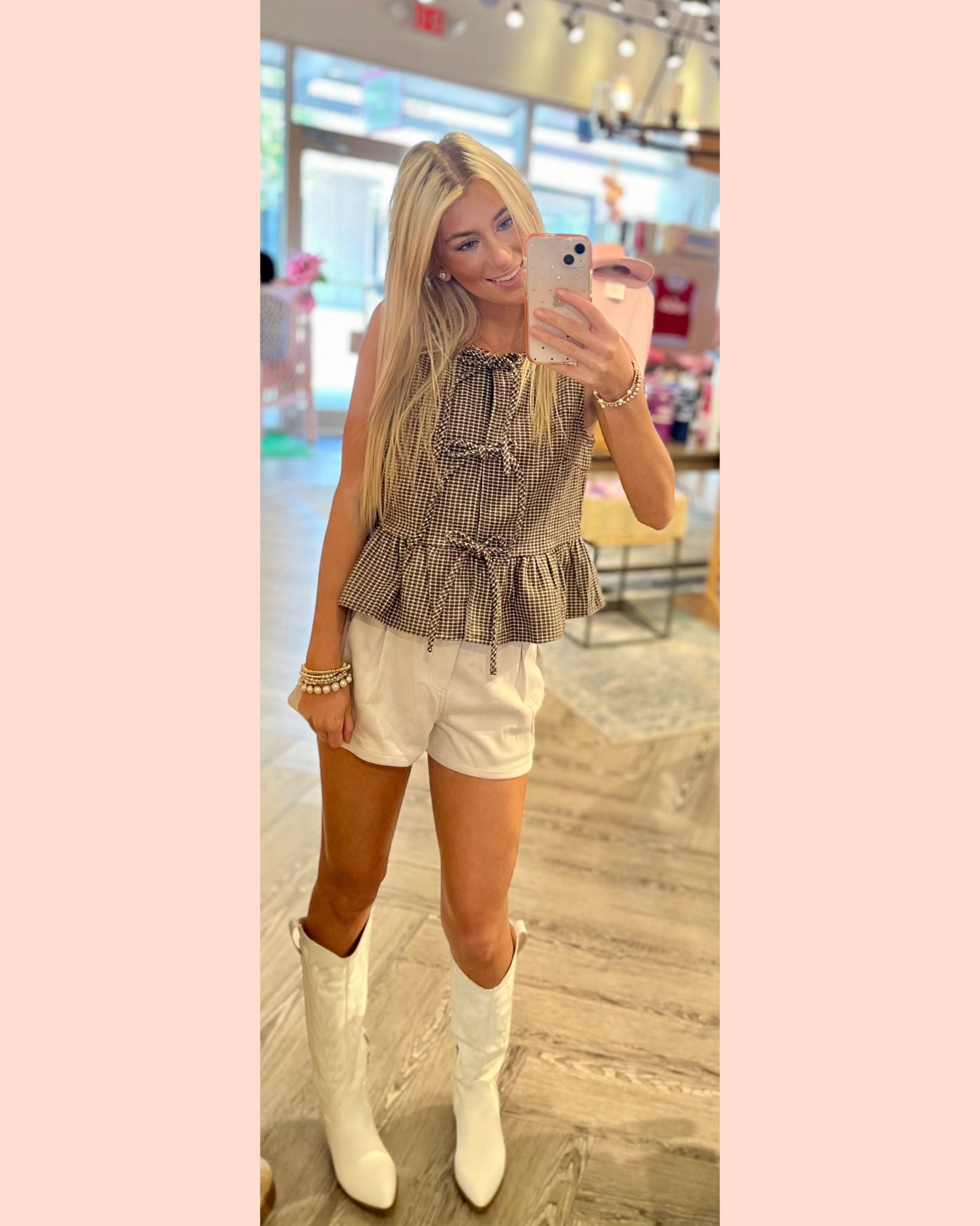 Sleeveless Checkered Top W/ Front Tie Bows