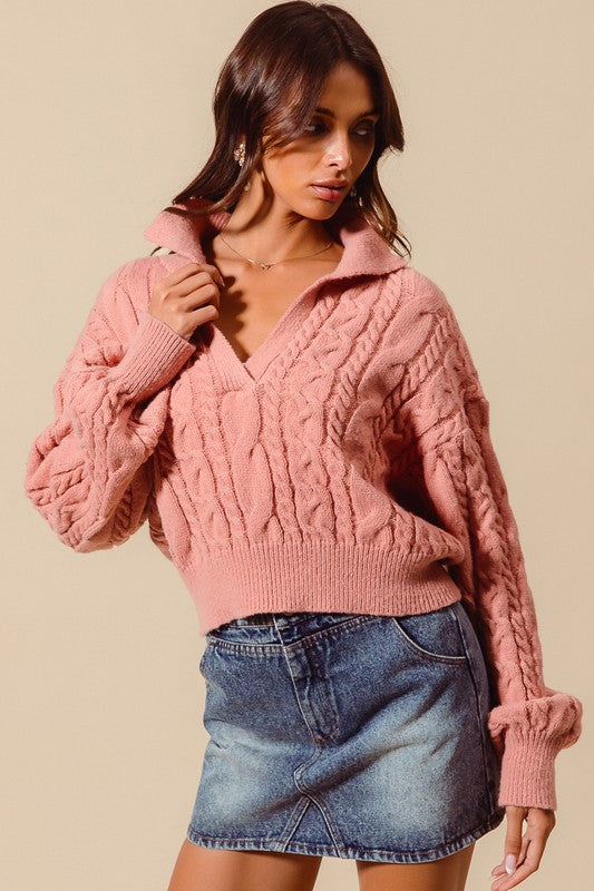 CABLE KNIT DEEP V NECK CROP SWETAER TOP WITH COLLAR