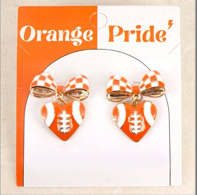 Blue and White Color Coated Bow & Football Gameday Stud 1.25" Earring