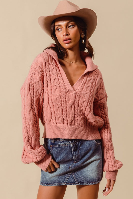CABLE KNIT DEEP V NECK CROP SWETAER TOP WITH COLLAR