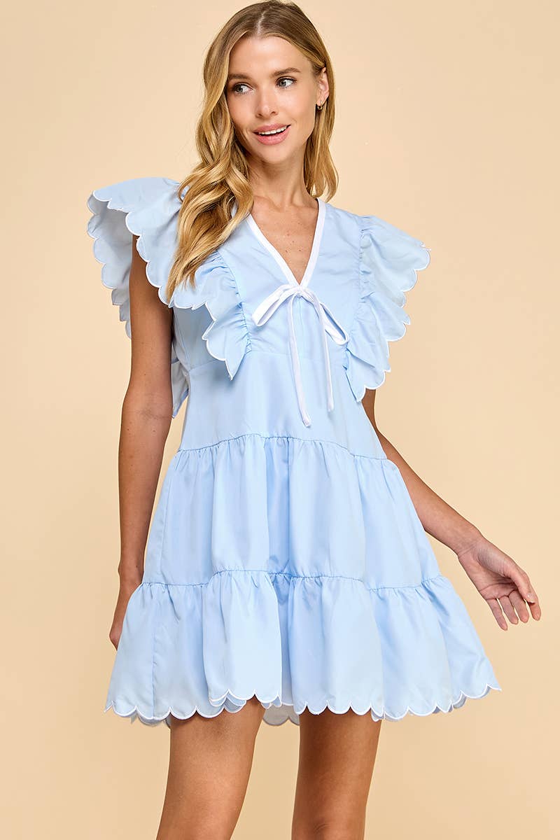 V Neckline Bow Detail Scalloped Dress
