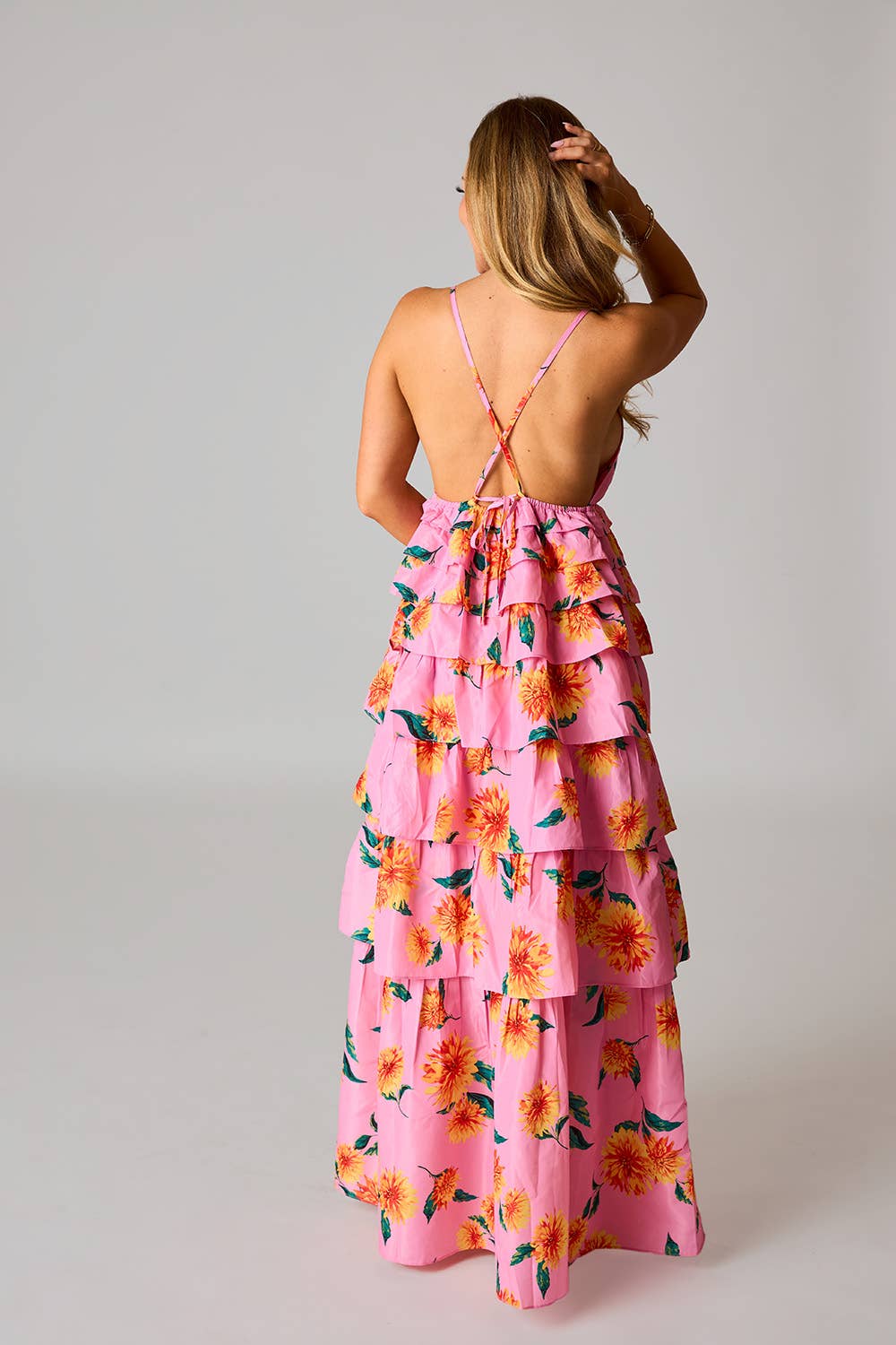 Callie Sunflower Pink Floral Ruffled Maxi Dresse
