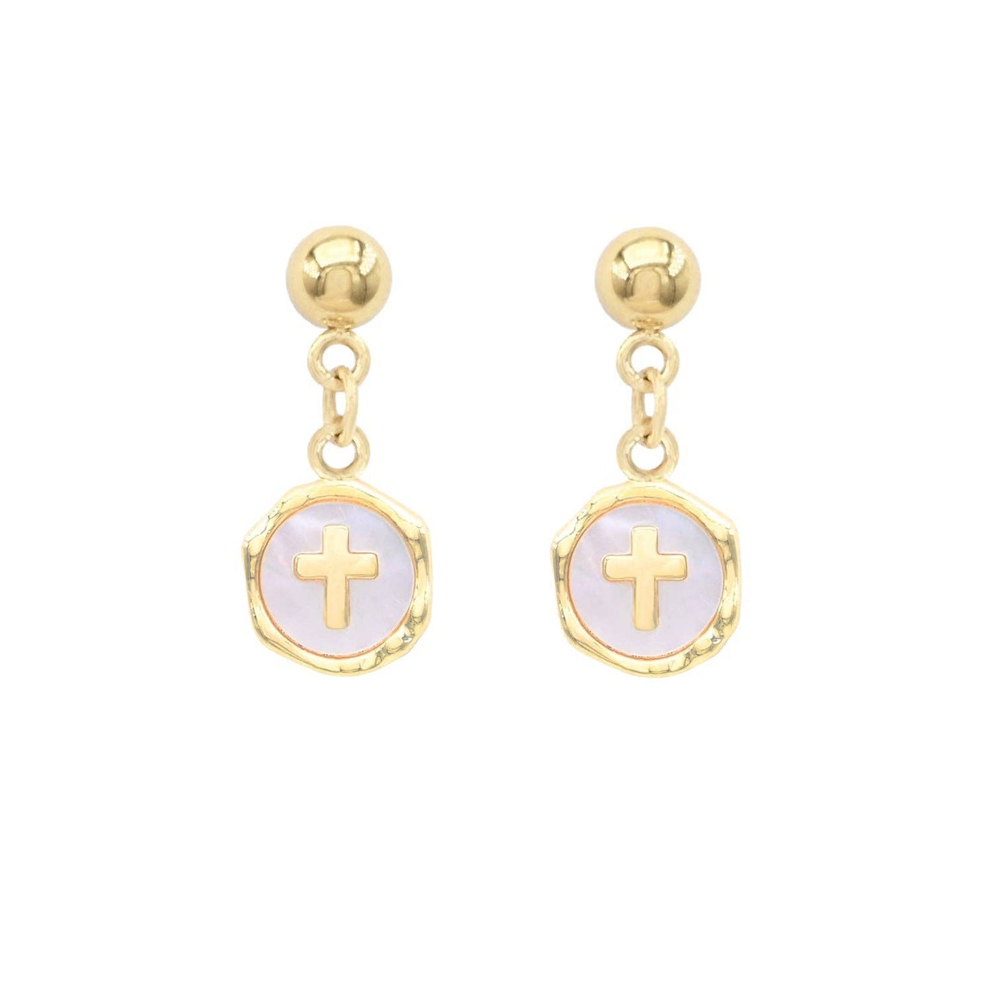 Waterproof Stainless-Steel Pearlized Circle with Gold Cross 1" Stud Drop Earring