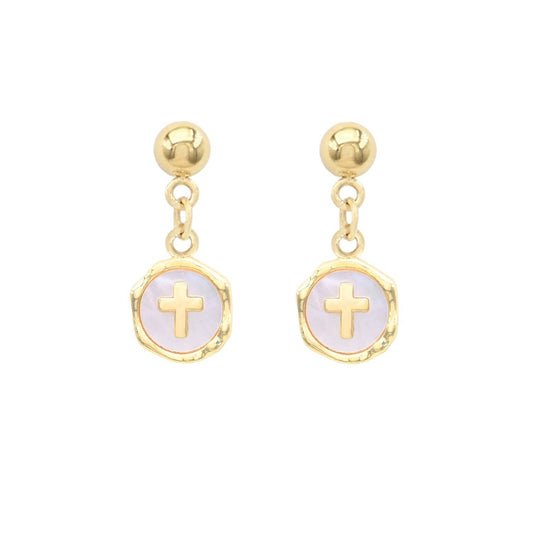 Waterproof Stainless-Steel Pearlized Circle with Gold Cross 1" Stud Drop Earring