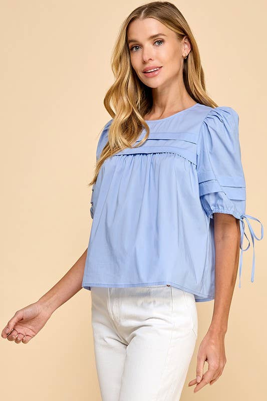 Pleated Detail Back Keyhole Puff Sleeves Top