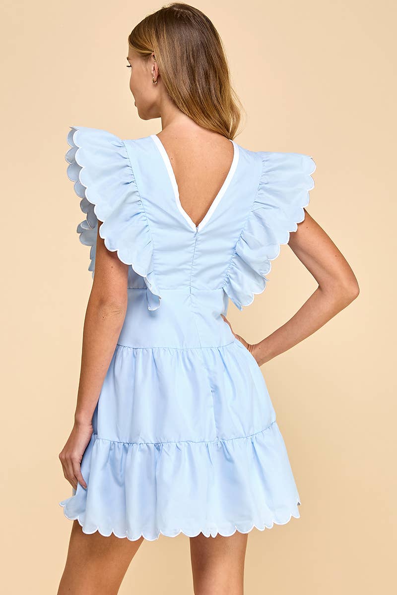 V Neckline Bow Detail Scalloped Dress