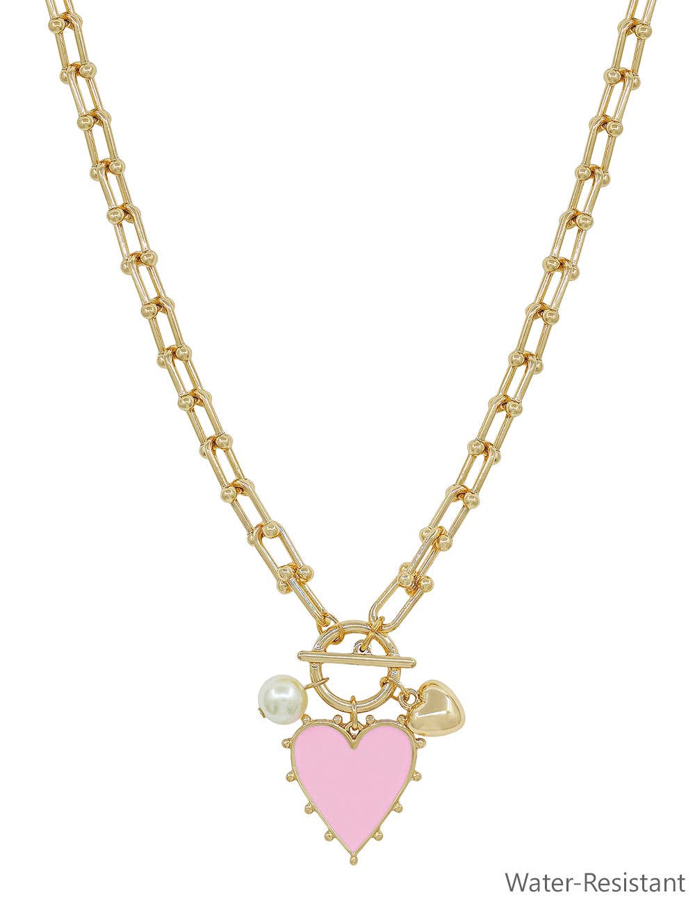 What's Hot - Gold Chain Necklace with Pink Studded Heart Charm 16"-18" Necklace