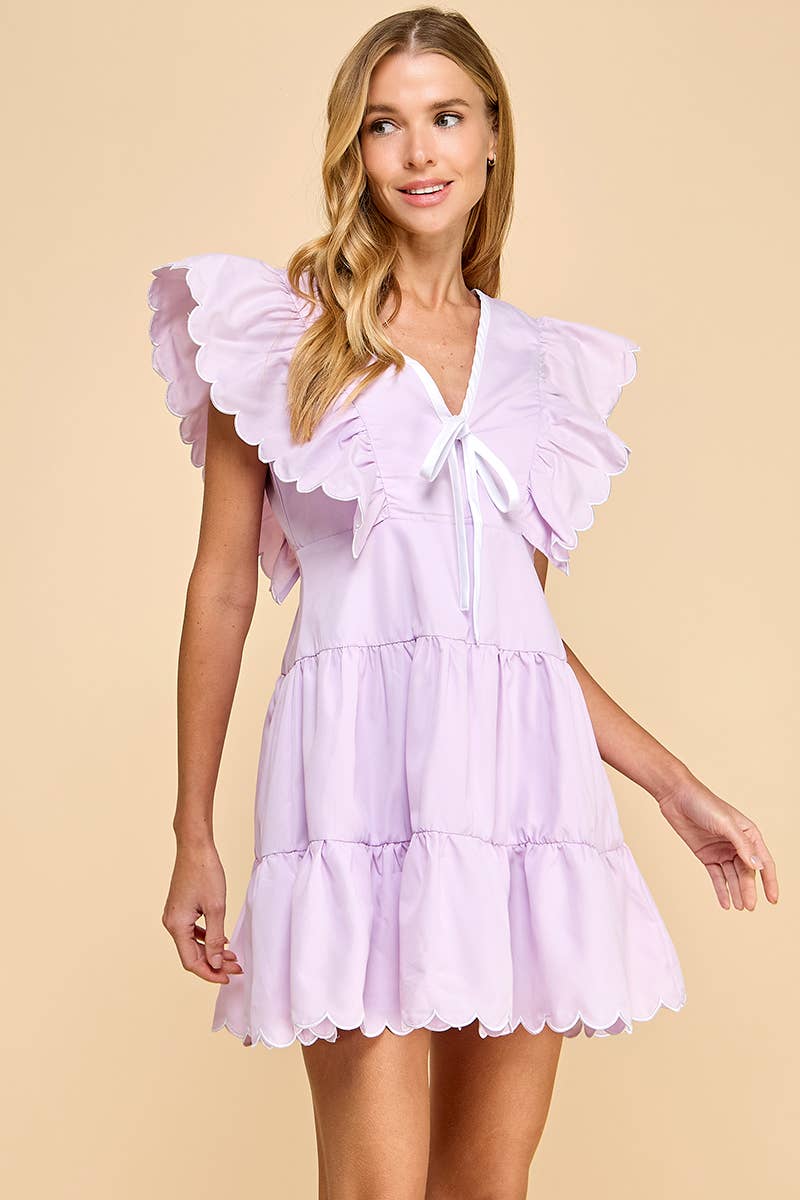 V Neckline Bow Detail Scalloped Dress