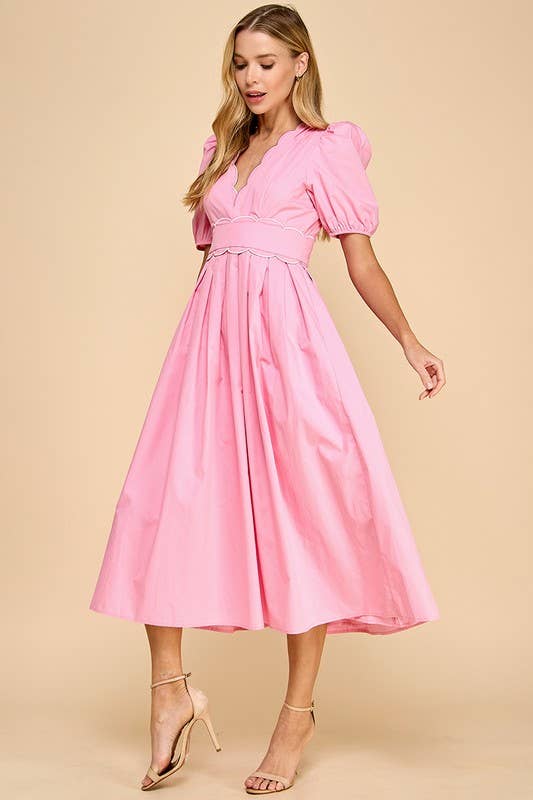 V- Neckline Scalloped Detail Midi Dress