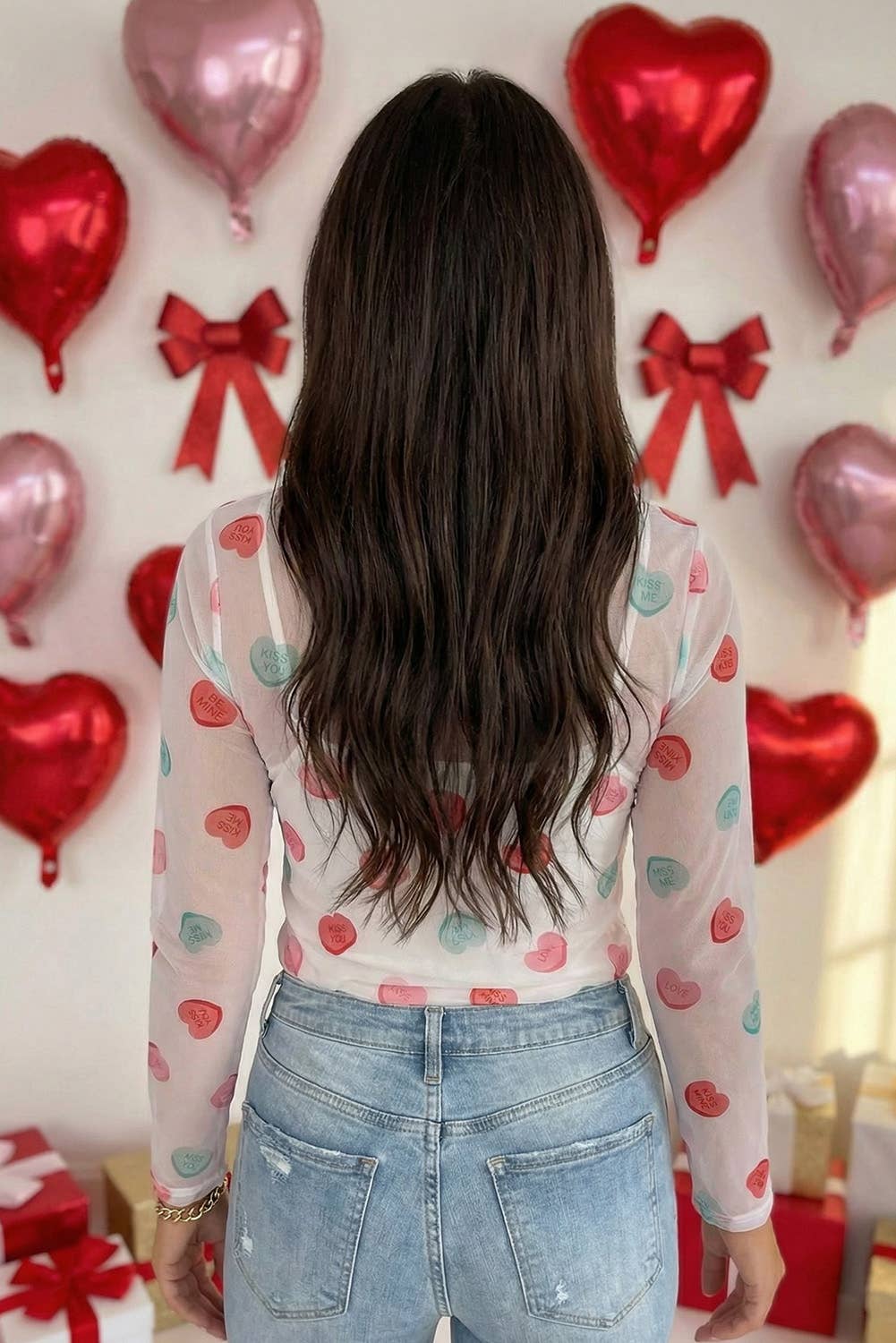 Sheer Mesh Valentines Slogan Heart Printed Top