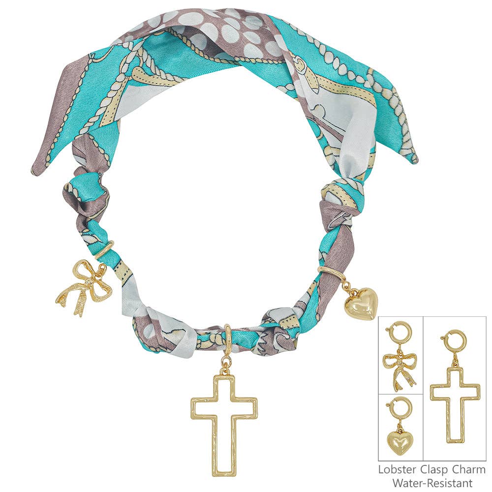 Blue/White Knotted Scarf Necklace with Heart, Cross, and Pearl Charm,