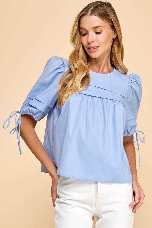 Pleated Detail Back Keyhole Puff Sleeves Top