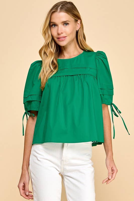 Pleated Detail Back Keyhole Puff Sleeves Top