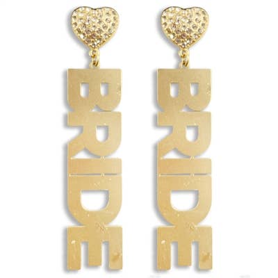 Gold Metal Bride with Rhinestone Heart 2" Drop Earring
