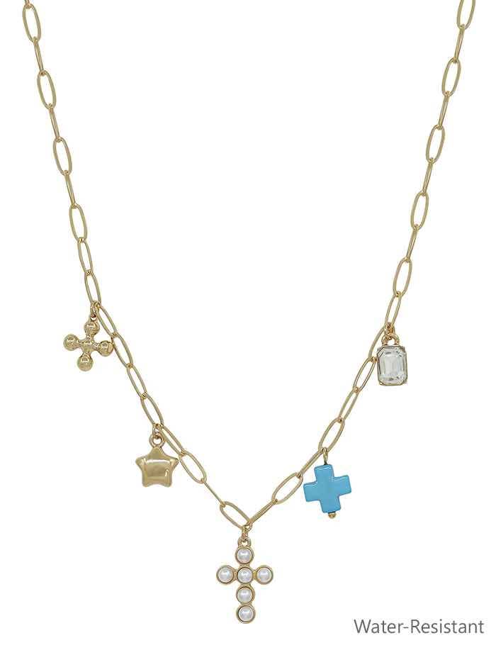 Water Resistant Gold Chain with Pearl Beaded Cross, Teal Cross, Star Charm
