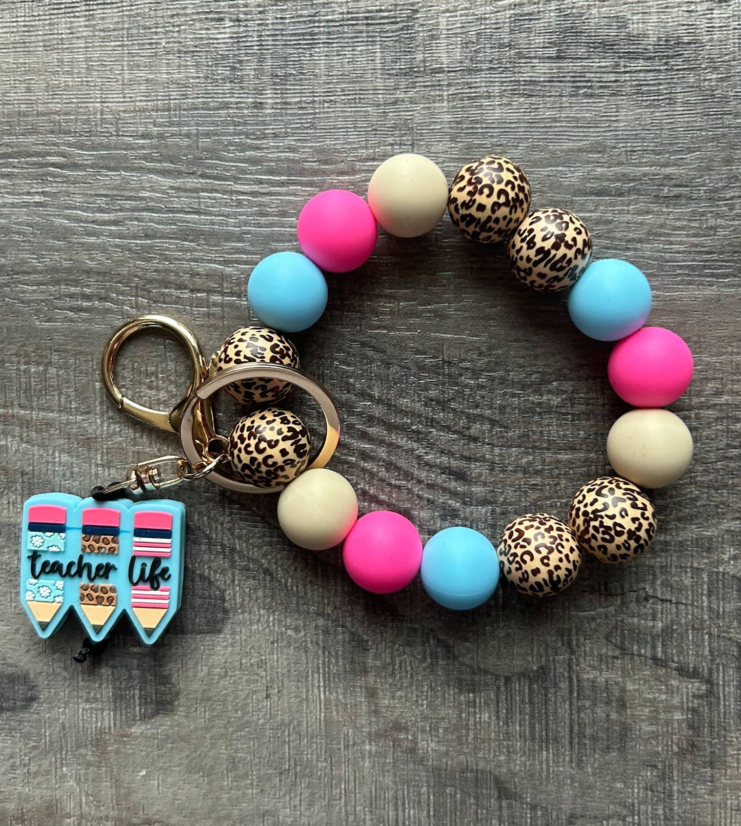 Teacher Life Silicone and Wood Bead Wristlet Keychain
