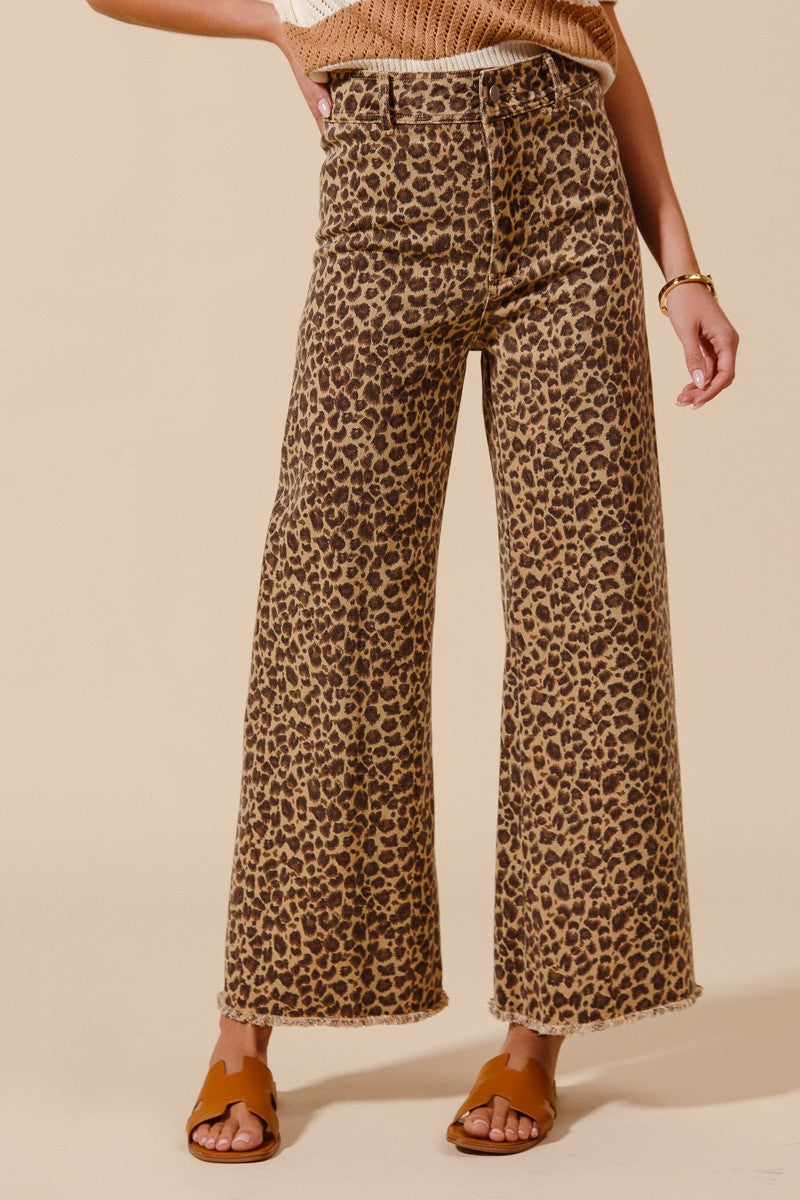 MID RISE LEOPARD TWILL DENIM FRAYED HEM WIDE LEG PANTS