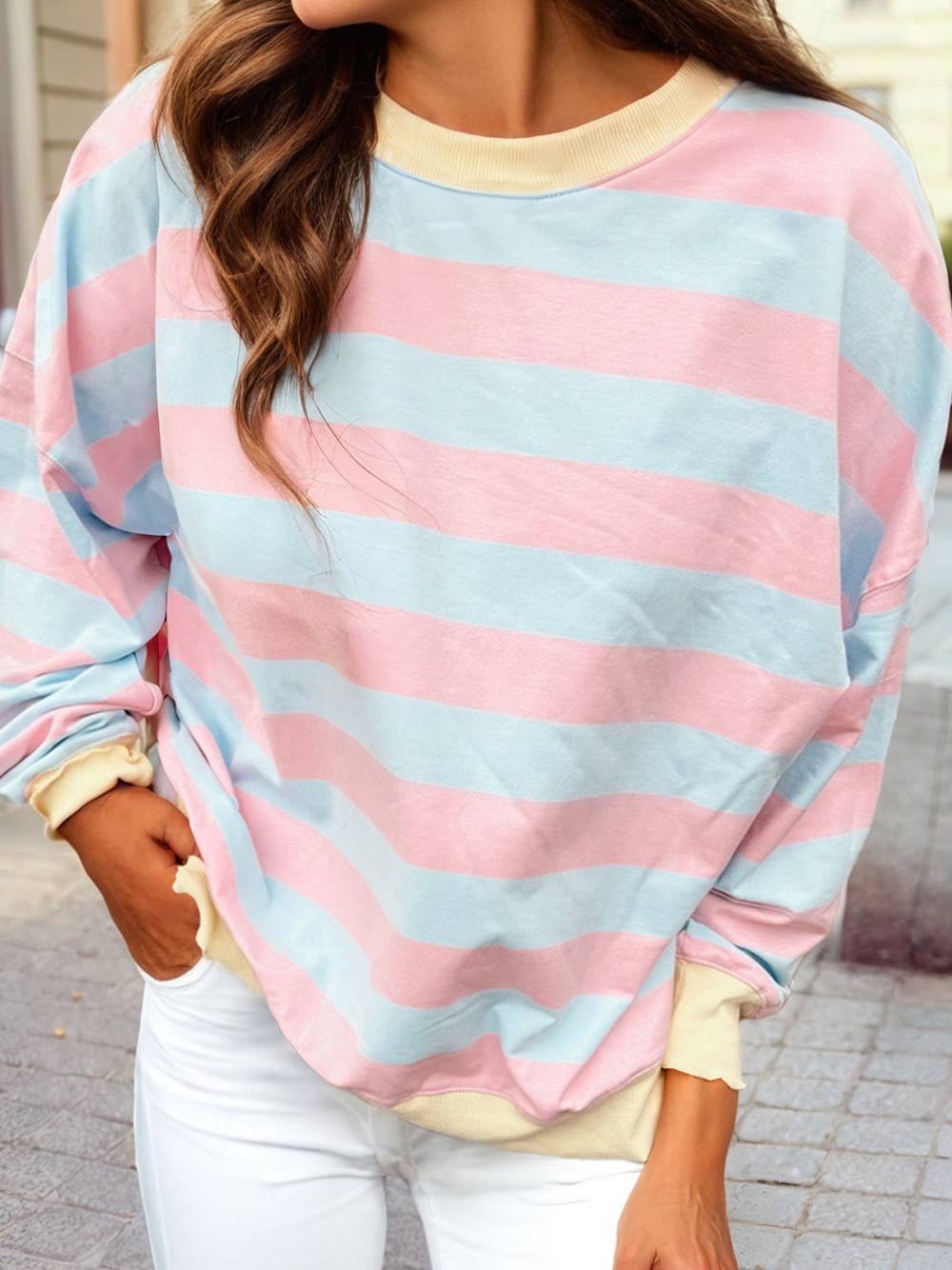 Stripe Drop Shoulder Crewneck-Plus
