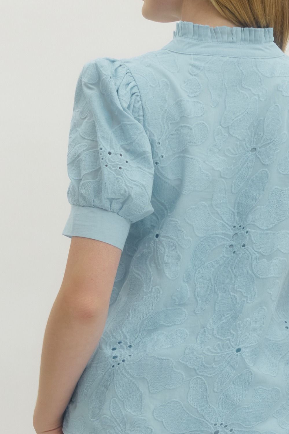Plus Powder Blue Floral Embroidered Top