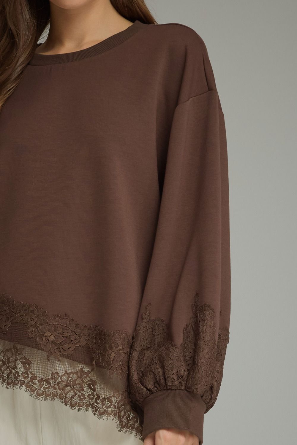 Trendy Long Sleeve Lace Trim Top