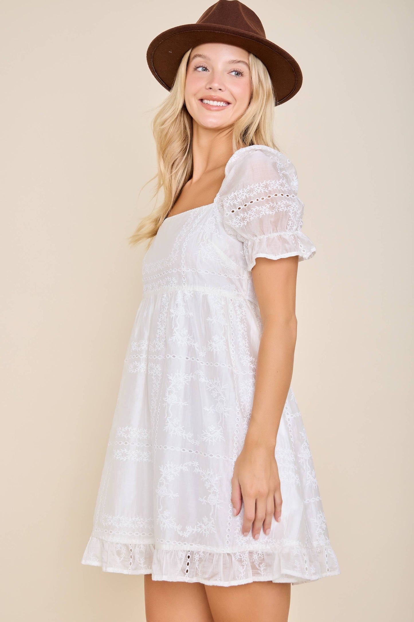 Eyelet Embroidered Puff Sleeve Babydoll Dress