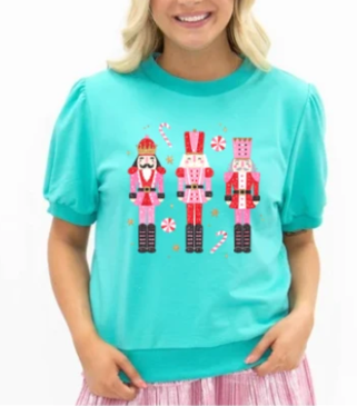 Nutcrackers on Mint Puff Sleeve Top