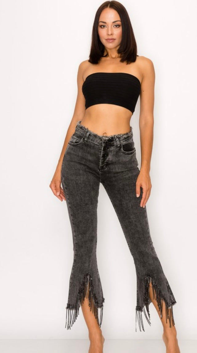 Rhinestone Fringe Denim Pants