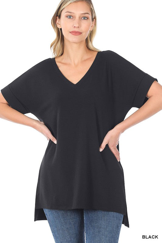 ROLLED SHORT SLEEVE V-NECK TOP WITH SIDE SLIT HIGH-LOW HEM
TOTAL BODY LENGTH: 28"(FRONT), BUST: 43" approx.
- MEASURED FROM SMALL
* COLOR MAY VARY SLIGHTLY DUE TO MONITOR RESOLUTION
Fabric Contents:
Made in:
L