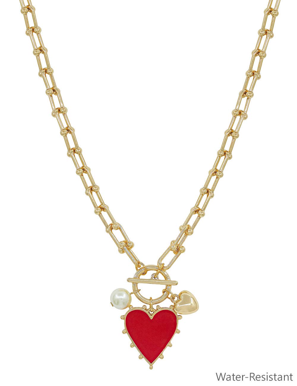 What's Hot - Gold Chain Necklace with Red Studded Heart Charm 16"-18" Necklace