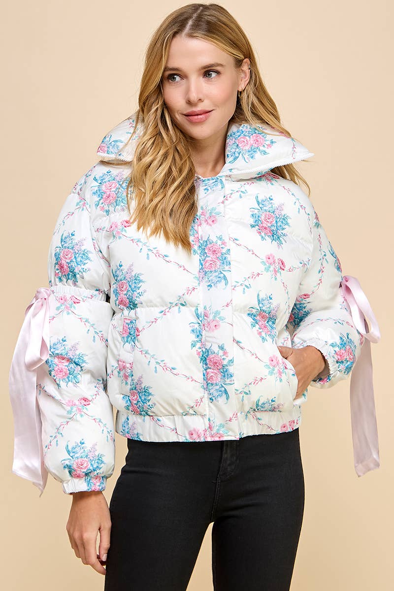 Floral Print Bow Knot Elbow String Puffer Jacket