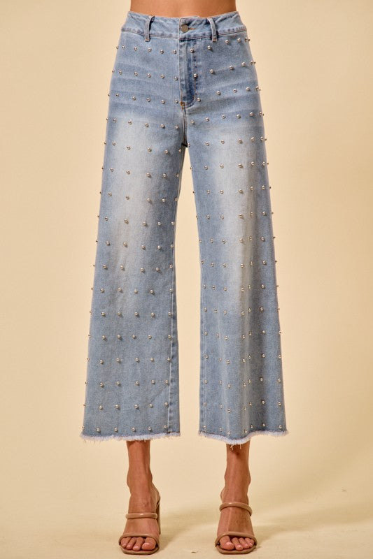 Stretch Studed Denim Mid Rise Wide Leg Jeans Pants