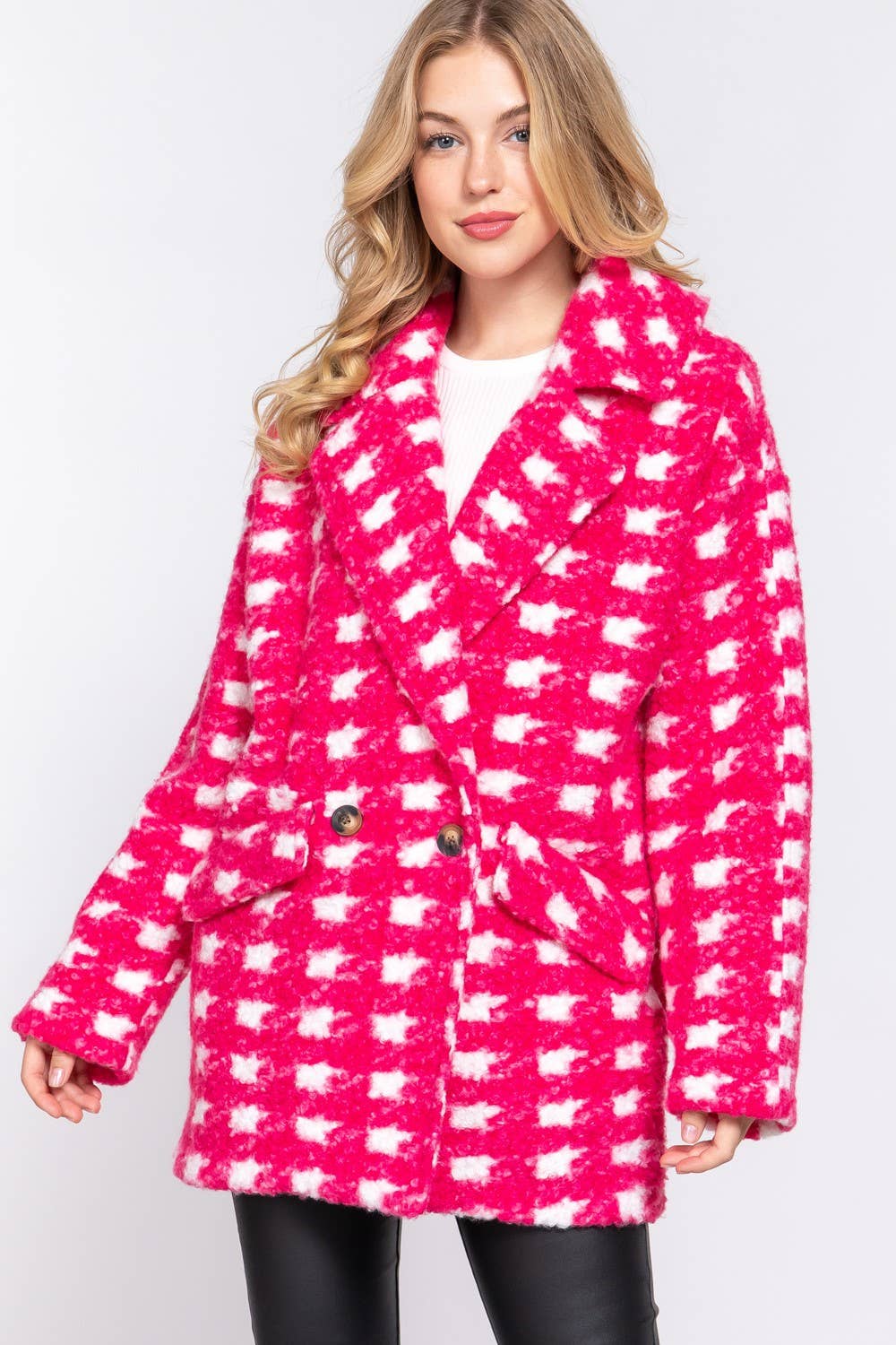 Long Sleeve Double Breasted Check Print Boucle Fleece Coat