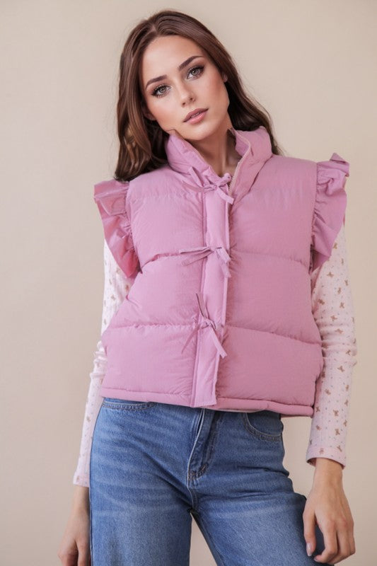 Front Bow Ruffle Sleeve Puffer Vest