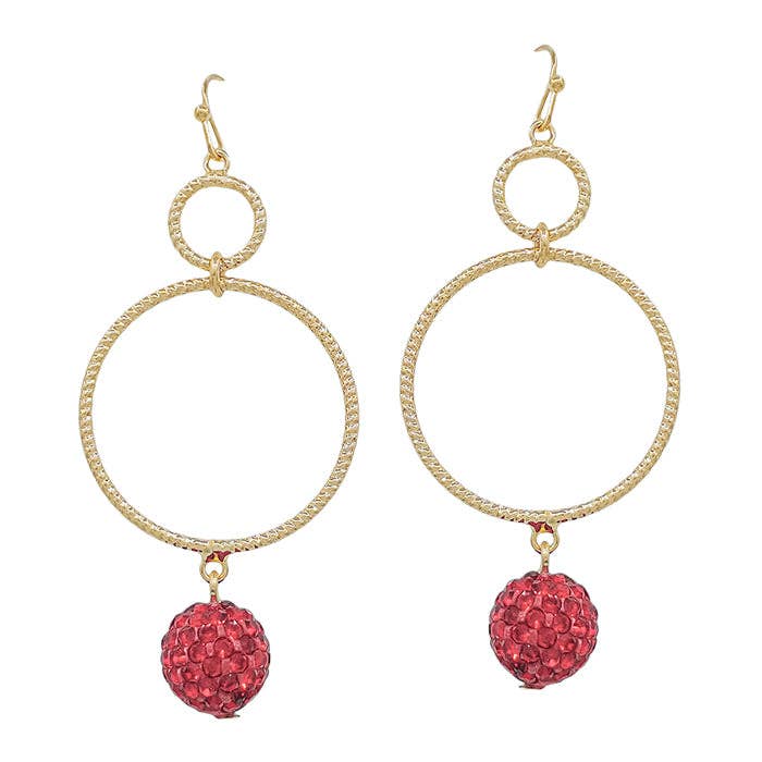 What's Hot - Gold Open Hoop with Red Pave Drop 2" Earring