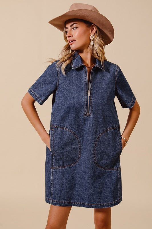 HALF ZIP UP FRONT DENIM DRESS WITH SIDE POCKETS