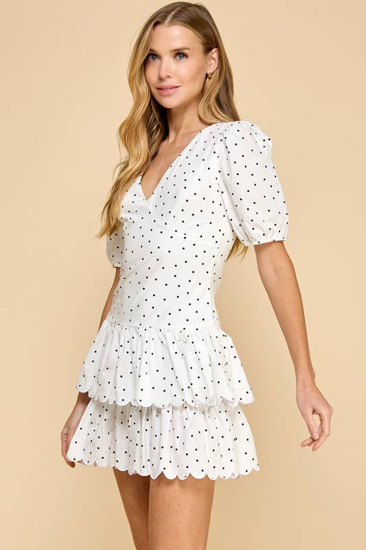 Polka Dot Print Scalloped Hem Puff Sleeves Dress