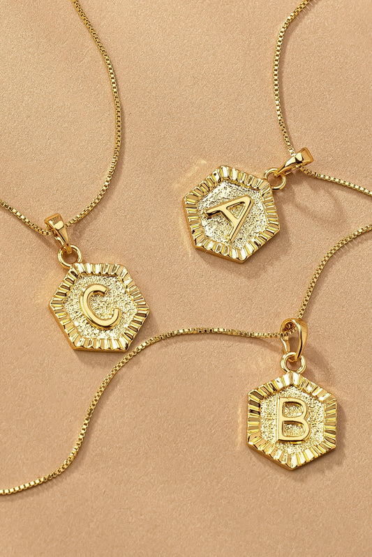 Hexagon brass initial letter necklace