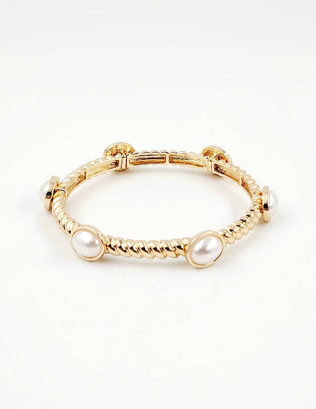 What's Hot - Ribbed Gold Textured and Pearl Stretch Bracelet