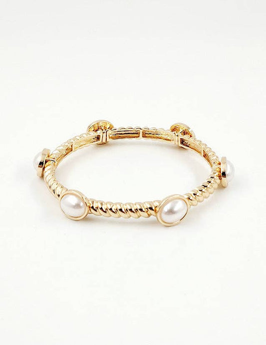 What's Hot - Ribbed Gold Textured and Pearl Stretch Bracelet