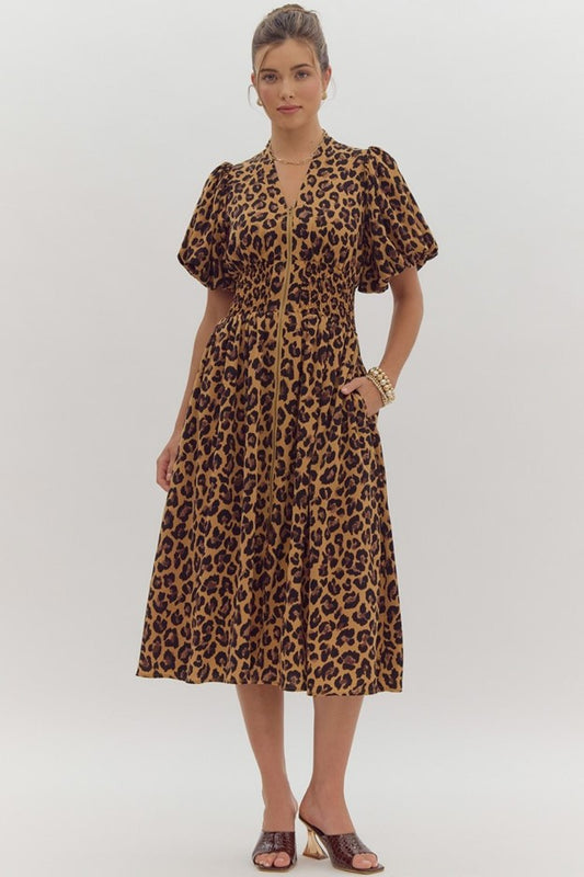 Entro Leopard Print Short Puff Sleeve V-neck Midi dress