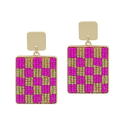 Hot Pink and Gold Seed Bead Checkered Sqaure 2" Earring