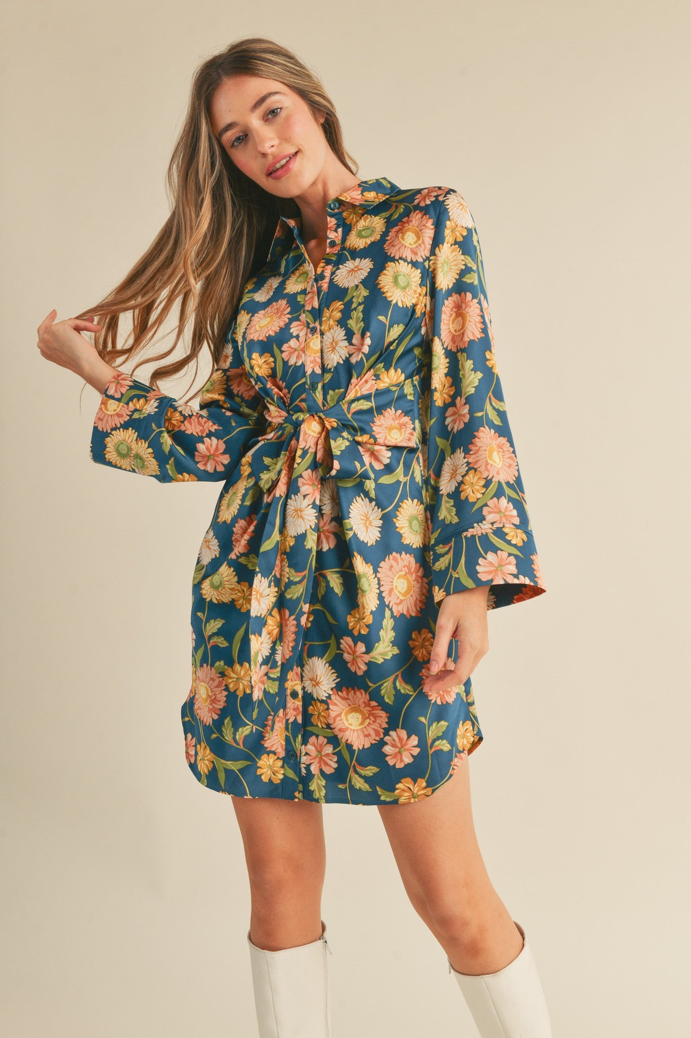 FLORAL TIE FRONT MINI DRESS