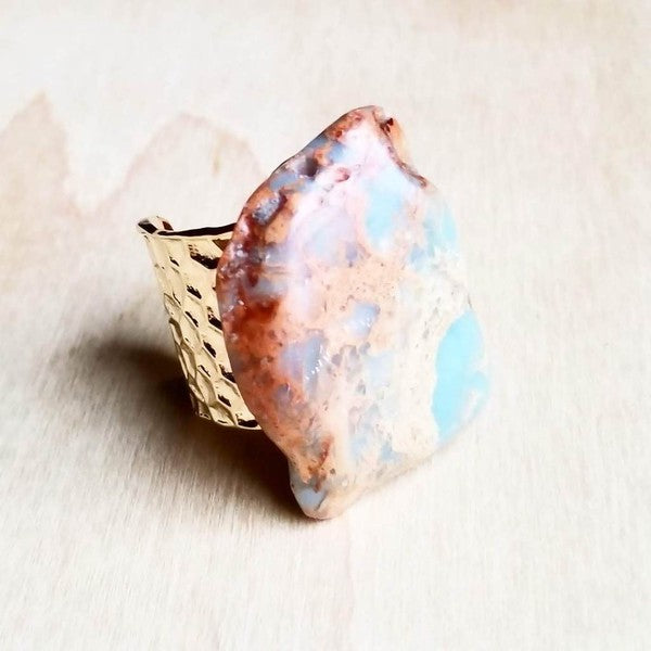 Chunky Aqua Terra Slab on Hammered Cuff Ring Base-Drop Ship