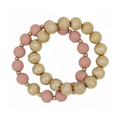 Gold Textured Beaded & Pink Wood Set of 2 Stretch Bracelet