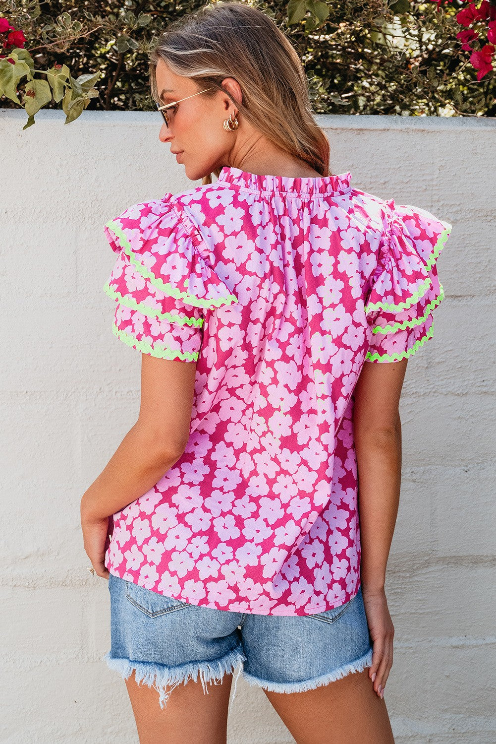 Contrast Layered Ruffle Sleeve Floral Blouse