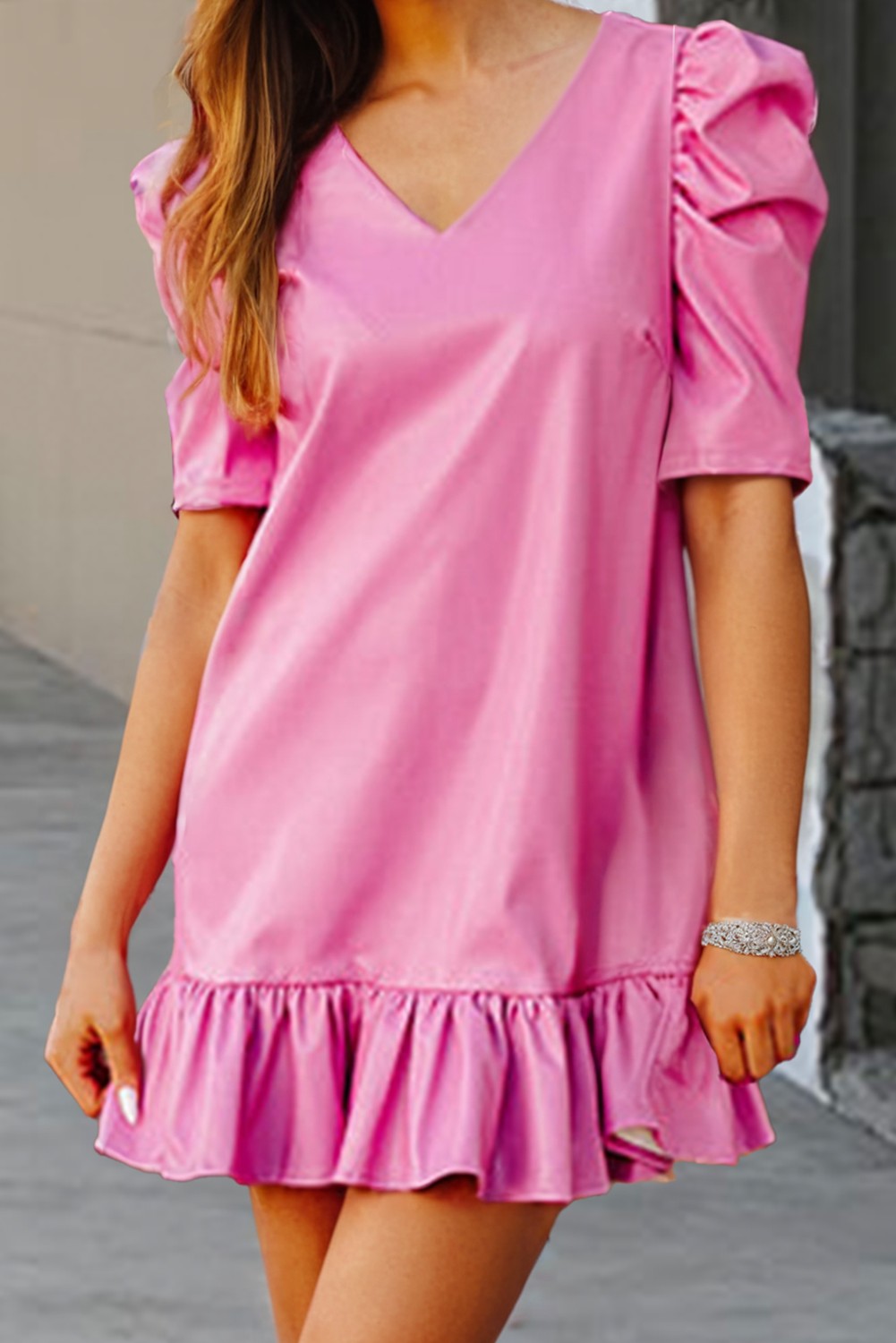 Pink Bubble Sleeve V Neck Ruffled Mini Dress