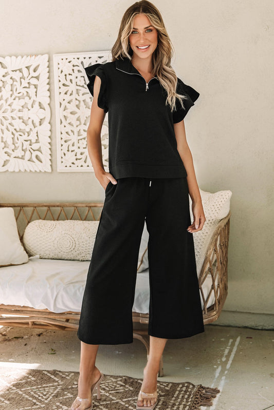 Ruffled Cap Sleeve Top Wide Leg Pants Set