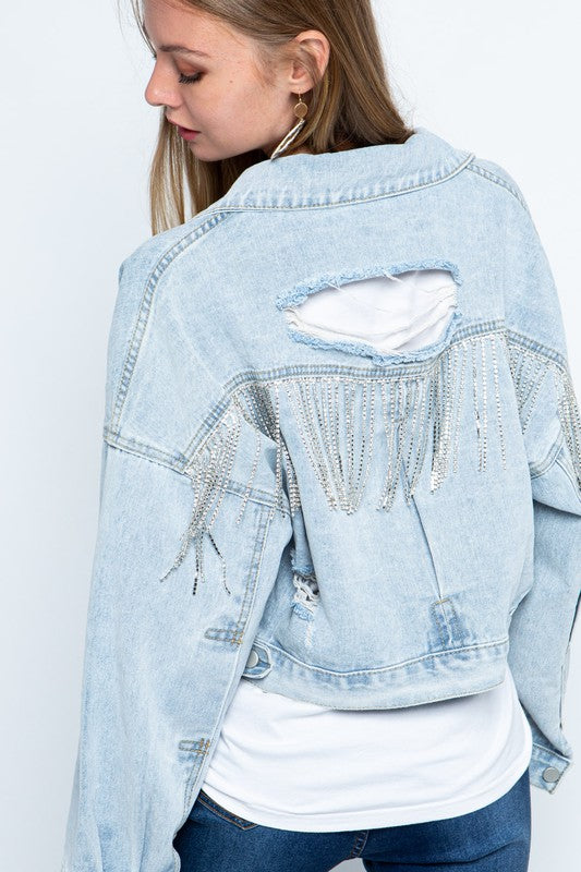 Rhinestone Fringe Distressed Denim Jacket-Drop Ship