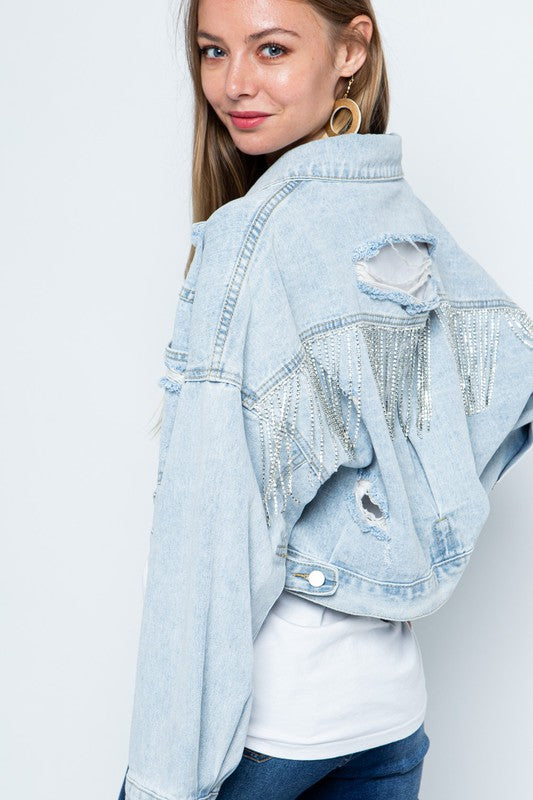 Rhinestone Fringe Distressed Denim Jacket-Drop Ship